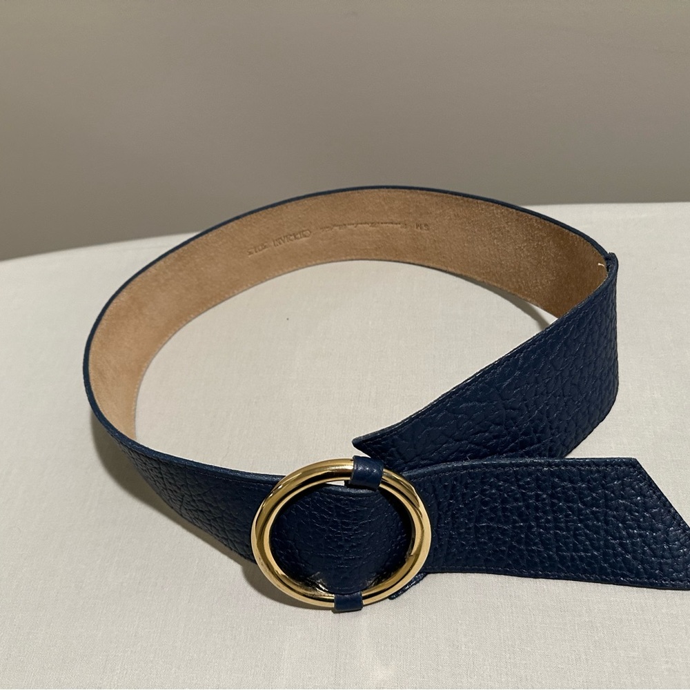 Cipriani vintage genuine navy blue leather belt, gold buckle